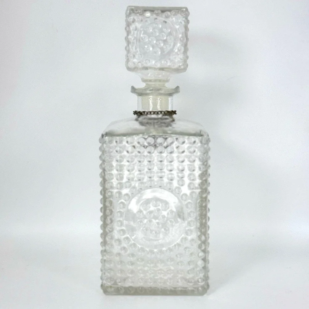 VTG Hobnail Glass Liquor Decanter w/ Stopper + Scotch & Gin Tags Barware Display